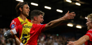 DEVENTER, NETHERLANDS - AUGUST 19: Bas Kuipers of Go Ahead Eagles celebrates after scoring the team's first goal with Willum Willumsson of Go Ahead Eagles during the Eredivisie match between Go Ahead Eagles and FC Volendam at De Adelaarshorst on August 19, 2023 in Deventer, Netherlands. (Photo by Henny Meyerink/BSR Agency)