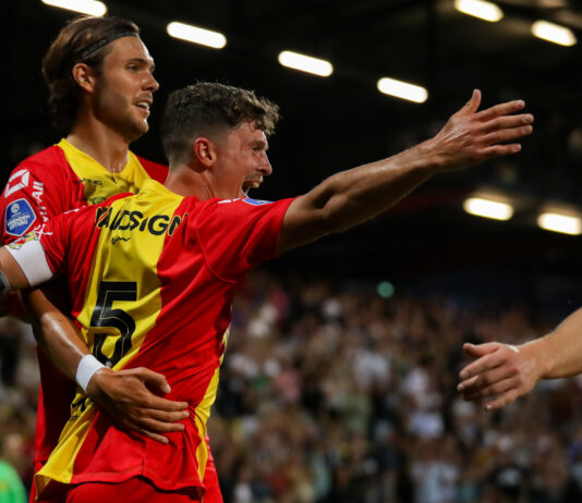 DEVENTER, NETHERLANDS - AUGUST 19: Bas Kuipers of Go Ahead Eagles celebrates after scoring the team's first goal with Willum Willumsson of Go Ahead Eagles during the Eredivisie match between Go Ahead Eagles and FC Volendam at De Adelaarshorst on August 19, 2023 in Deventer, Netherlands. (Photo by Henny Meyerink/BSR Agency)