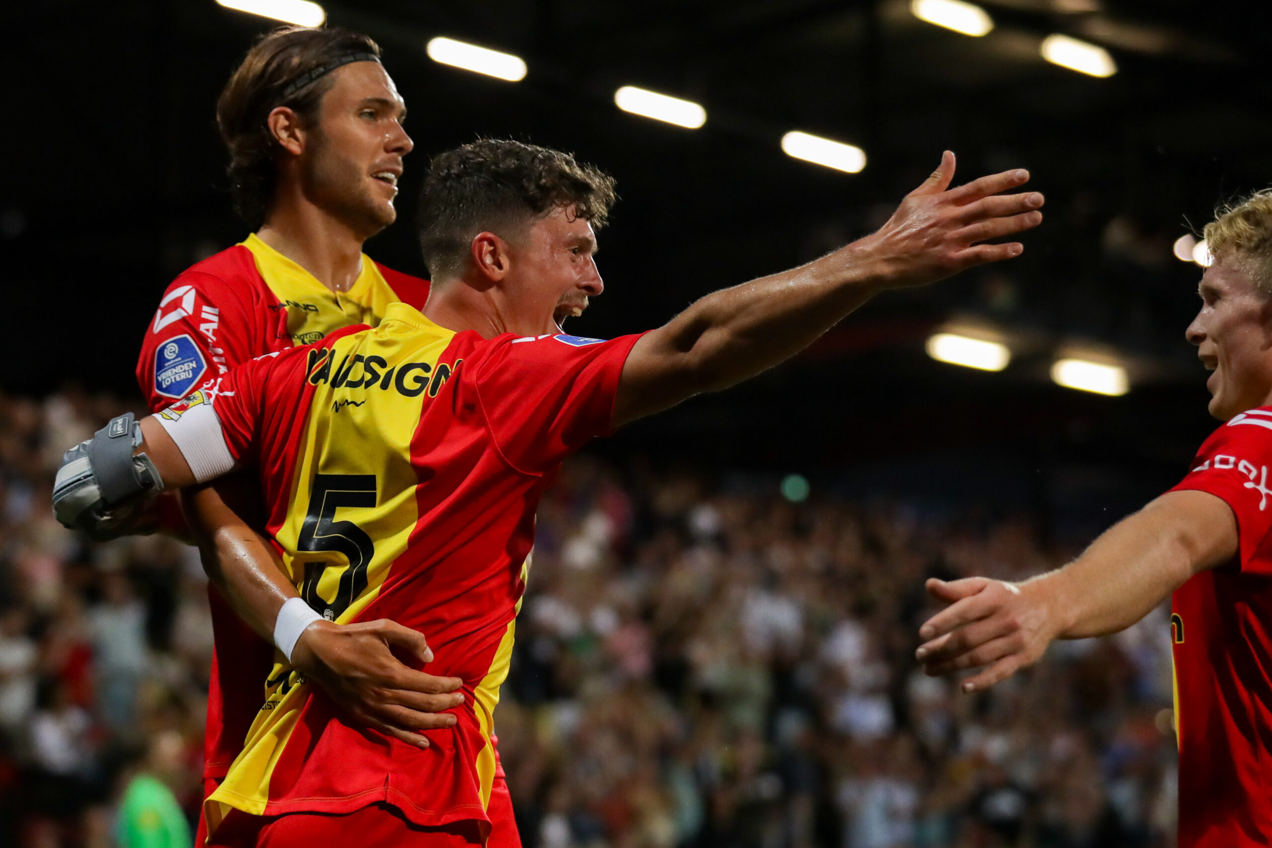 DEVENTER, NETHERLANDS - AUGUST 19: Bas Kuipers of Go Ahead Eagles celebrates after scoring the team's first goal with Willum Willumsson of Go Ahead Eagles during the Eredivisie match between Go Ahead Eagles and FC Volendam at De Adelaarshorst on August 19, 2023 in Deventer, Netherlands. (Photo by Henny Meyerink/BSR Agency)