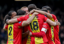 23 april 2023: Willum Thor Willumsson viert zijn goal tegen Fortuna Sittard. Foto: Henny Meyerink/BSR Agency.
