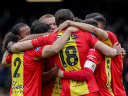 23 april 2023: Willum Thor Willumsson viert zijn goal tegen Fortuna Sittard. Foto: Henny Meyerink/BSR Agency.